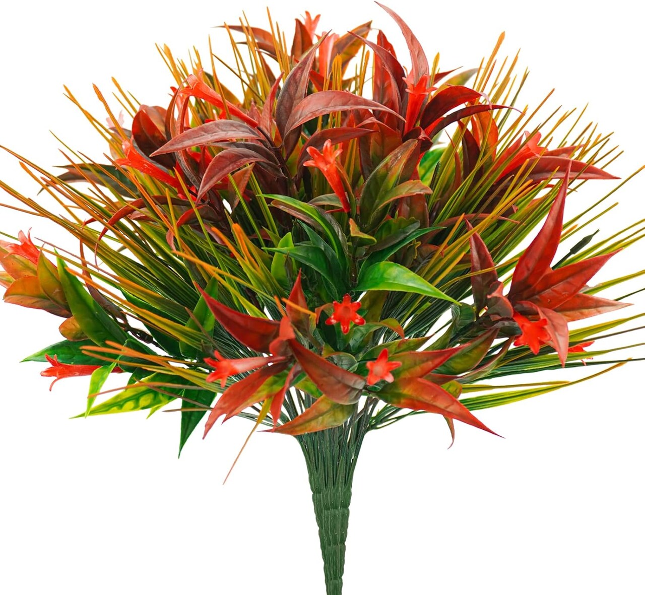 6Pcs Outdoor Artificial Plants UV Resistant, Fake Morning Glory Flowers with Orange Grass, Tropical Flowers Fall Leaves Foliage for Garden Patio Sidewalk Décor Red